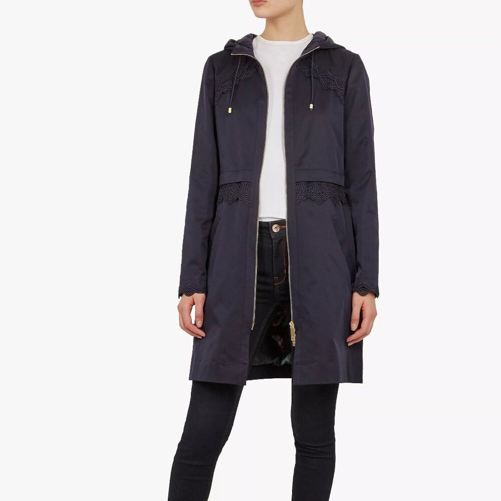 NWT Ted Baker London Blue Lace Trim Hooded Rain Coat Size 3